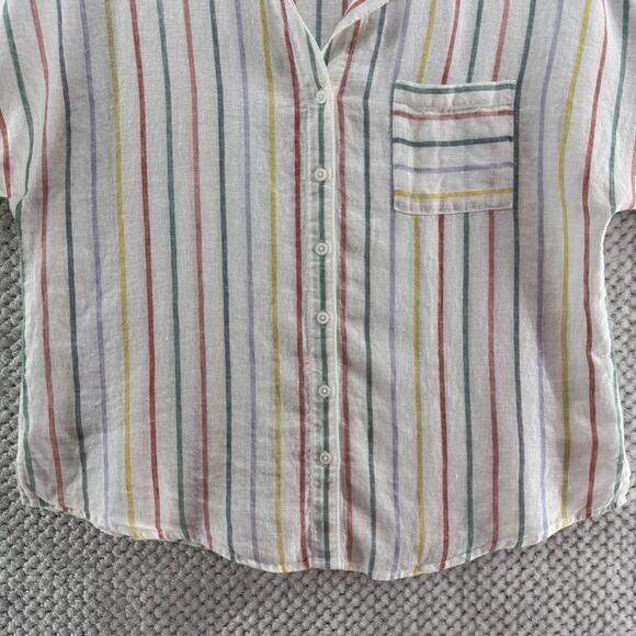 Garner Hill Top Women 14 White Striped Rainbow Linen Button Front Short Sleeve - Picture 4 of 12